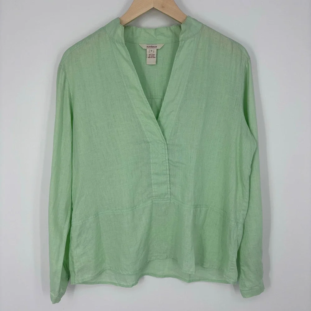 Sundance 100% Linen Split Neck Pullover Blouse Womens S Mint Green Pleated Back